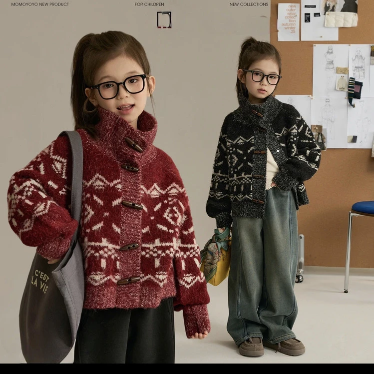 女童新款秋冬针织开衫高级毛衣外套儿童休闲中大童费尔岛牛角扣