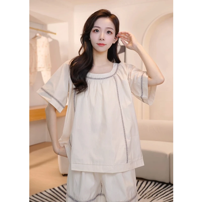 【莎莎】睡衣女夏季薄款2025新款梭织纯棉短袖家居服套装85YY-85164