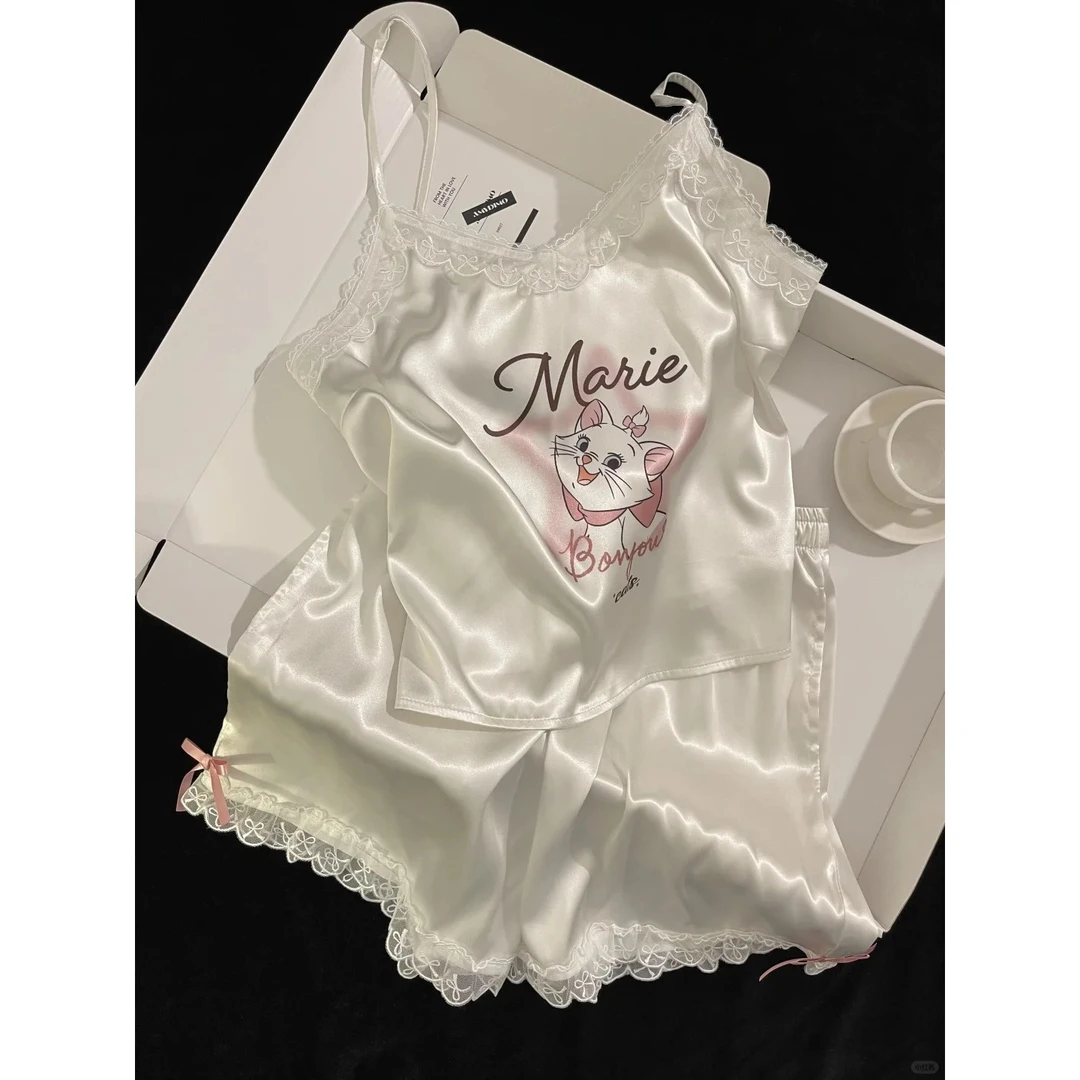 【卡通猫咪】纯欲显瘦蕾丝边冰丝吊带睡衣夏季新款短裤套装家居服女