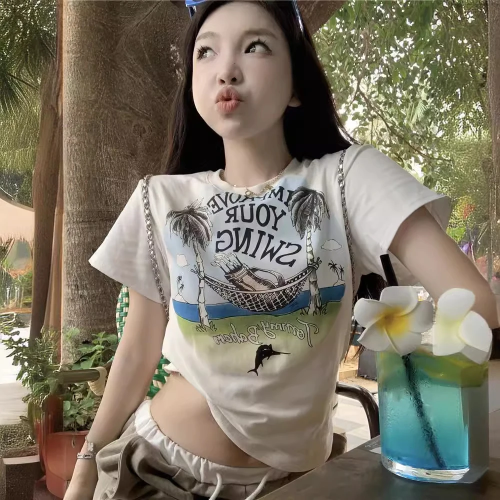美式复古字母印花短袖T恤女夏季小众修身打底衫辣妹短款正肩上衣