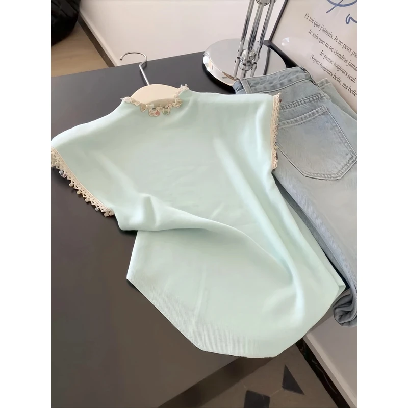 2025夏季新款多巴胺独特绝美上衣减龄时尚薄荷绿蕾丝花边针织T恤
