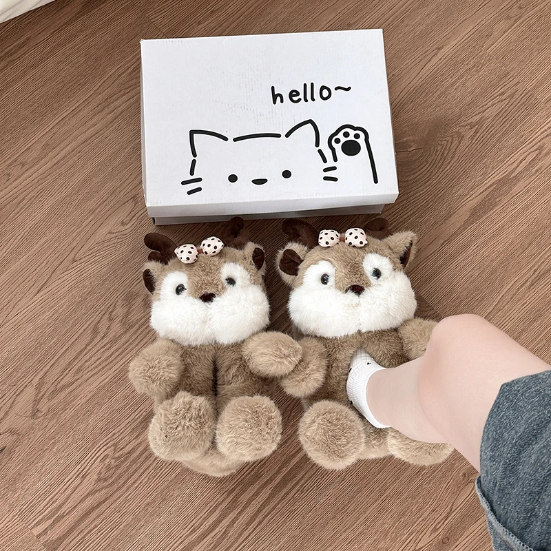 可爱卡通立体蝴蝶结小鹿毛毛鞋女2025冬季新款外穿居家保暖大棉鞋