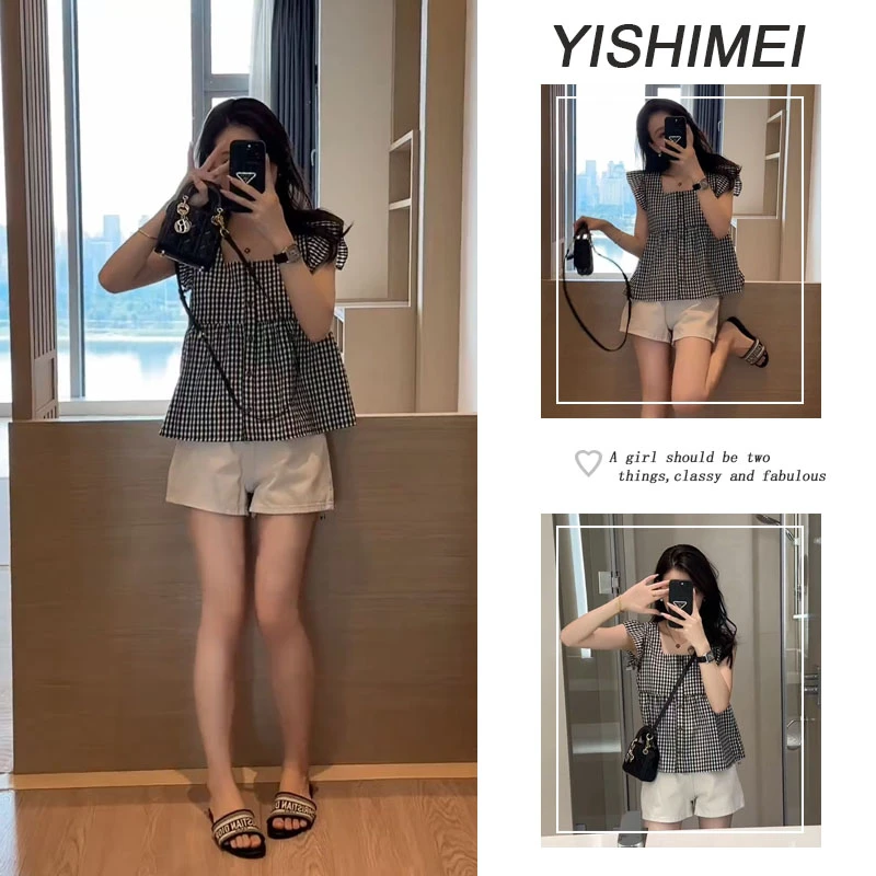 2025夏季穿搭一整套女新款格子小飞袖衬衫休闲百搭短裤两件套