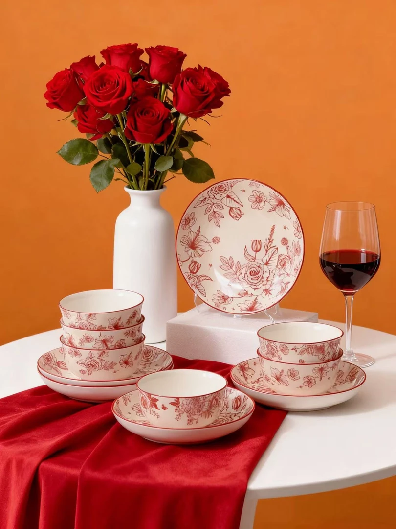 【瓷县令】玫瑰庄园8件套印花陶瓷餐具套餐家用创意釉下彩汤碗饭碗