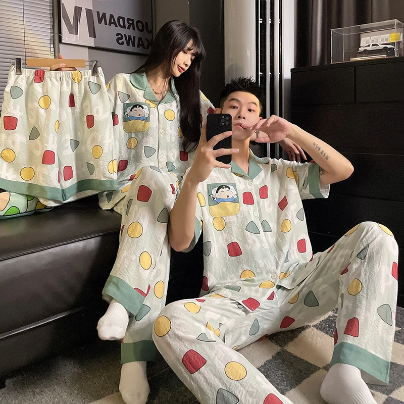 情侣睡衣女款夏季云朵棉绸薄款蜡笔小新男士短袖长裤三件套家居服