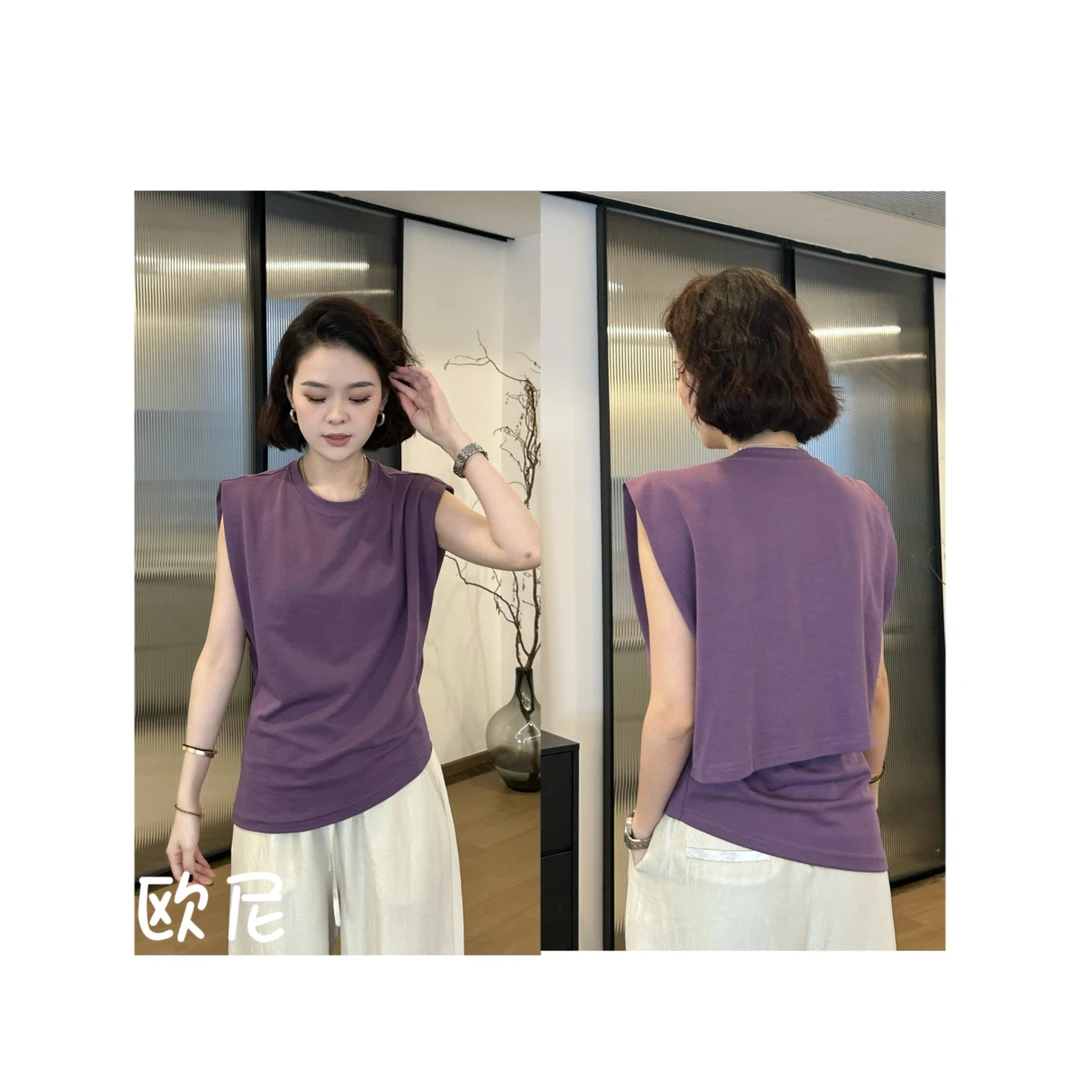 2024夏款 简约百搭圆领无袖不规则T恤上衣 2406B2636