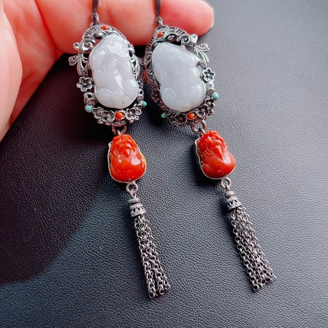 翡翠银S925镶嵌耳饰国风