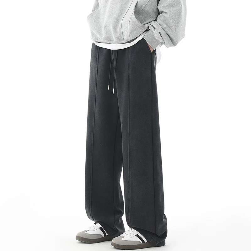 垂感休闲裤男加绒加厚秋冬美式弯刀潮流水洗直筒长裤宽松运动卫裤