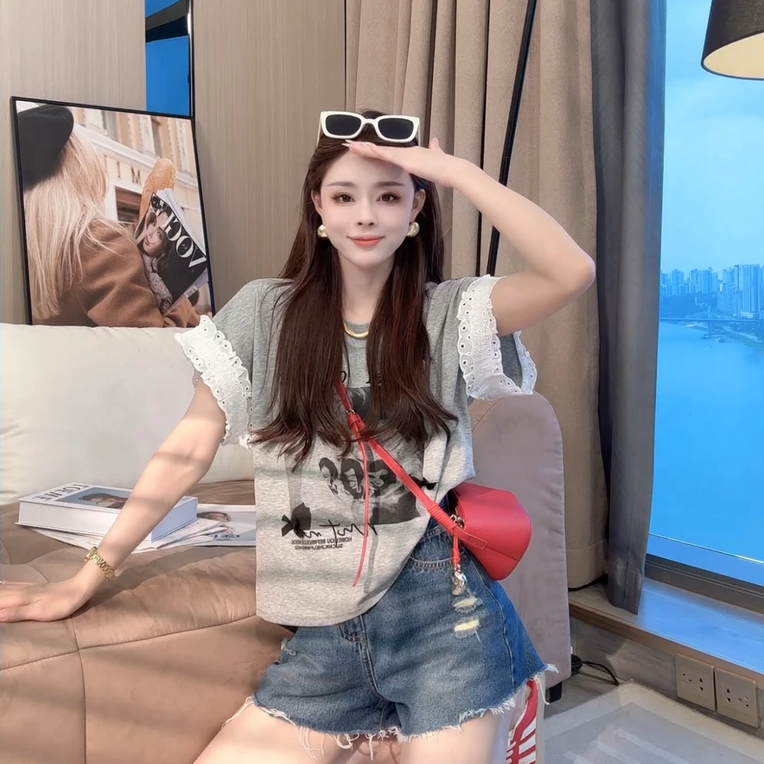 【晓溪服饰】夏季新款韩版设计感蝴蝶结印花蕾丝拼接短袖T恤6193