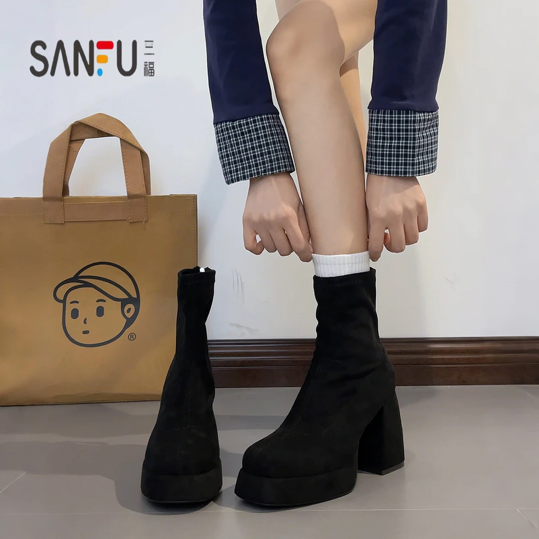 三福粗跟短靴女2025秋冬新款瘦瘦靴绒面高跟鞋增高9公分马丁靴子