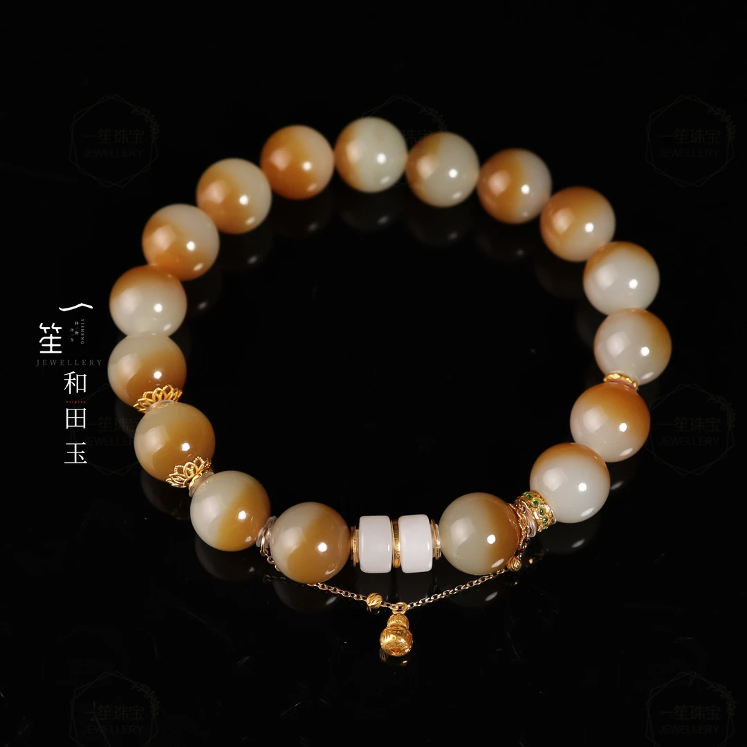 【一笙珠宝】天然和田玉糖料手串18k金镶嵌裸石约10mm DY6485