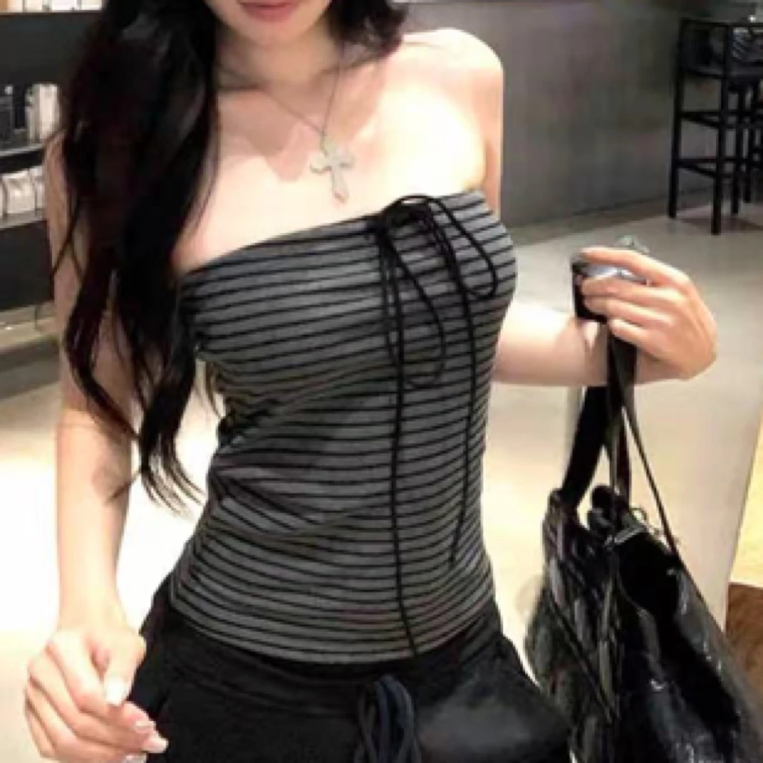 （带胸垫）抹胸吊带背心女夏季外穿性感修身显瘦条纹系带短款上衣
