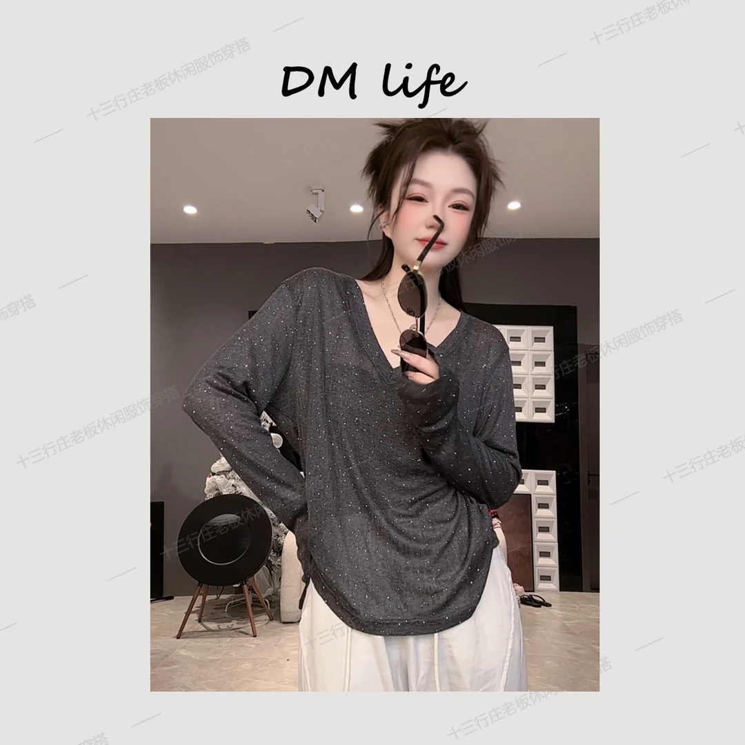 DMlife【璀璨星河】夏季显瘦洋气百搭重工烫钻V领薄款防晒衣T恤