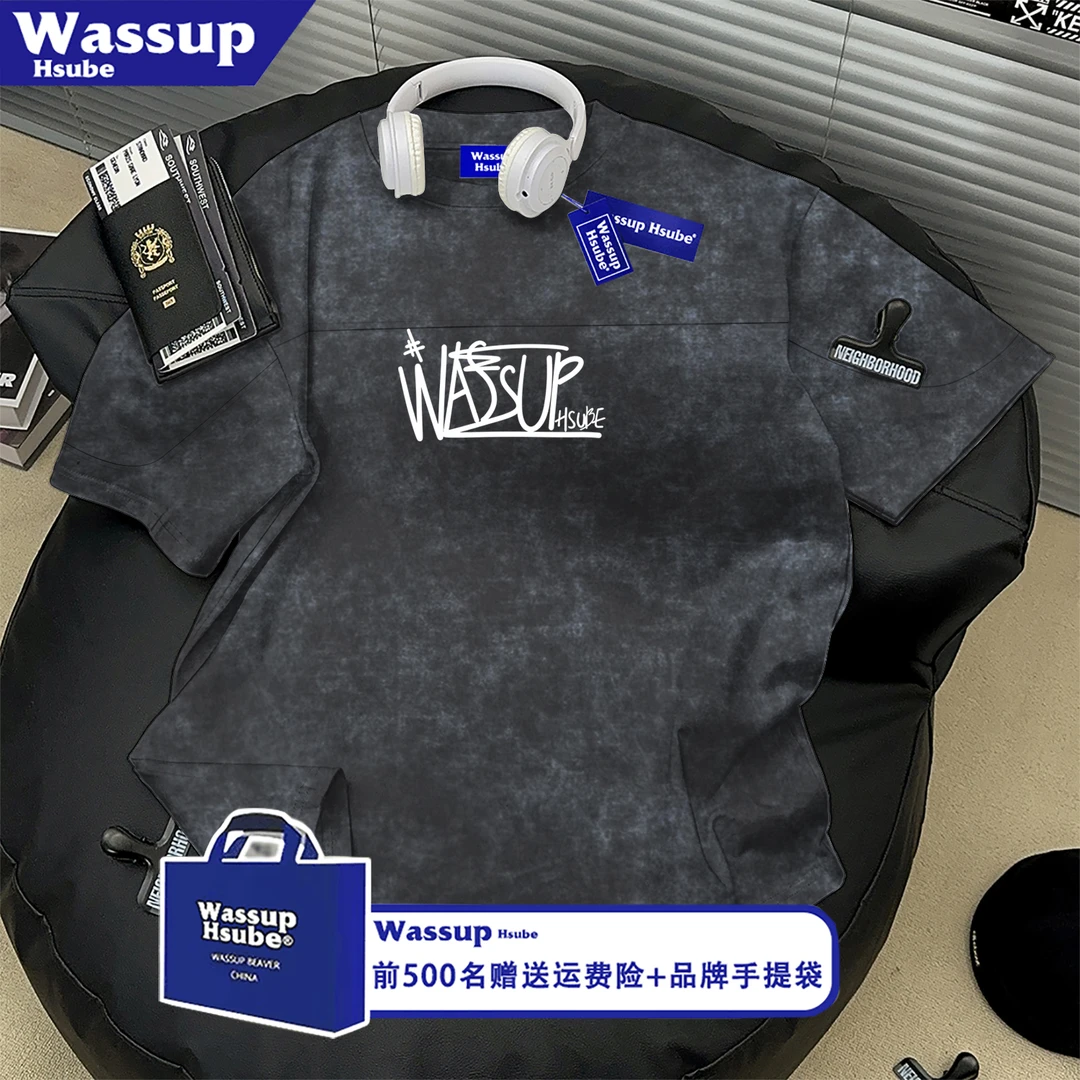 WASSUP HSUBE美式印花简约短袖T恤夏季男女字母宽松扎染纯棉半袖