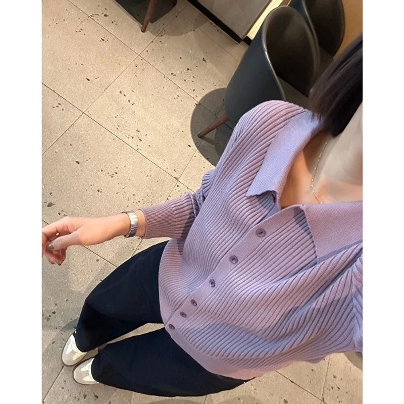 【约会日】内搭单穿都好看！法式温柔显瘦正肩坑条polo领针织小开衫