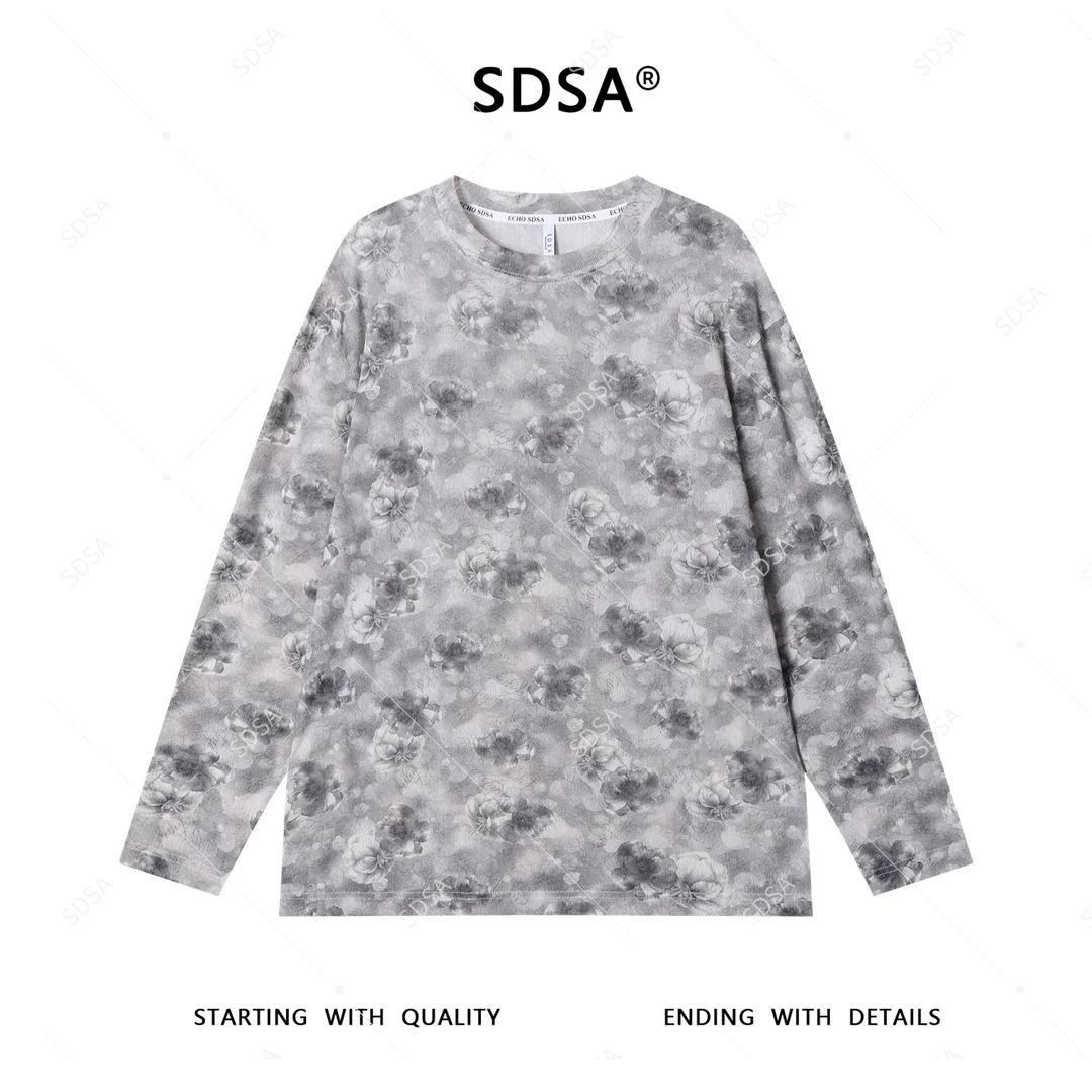 SDSA夏季新款男士痞帅简约花卉字母图案圆领长袖T恤百搭时尚上衣