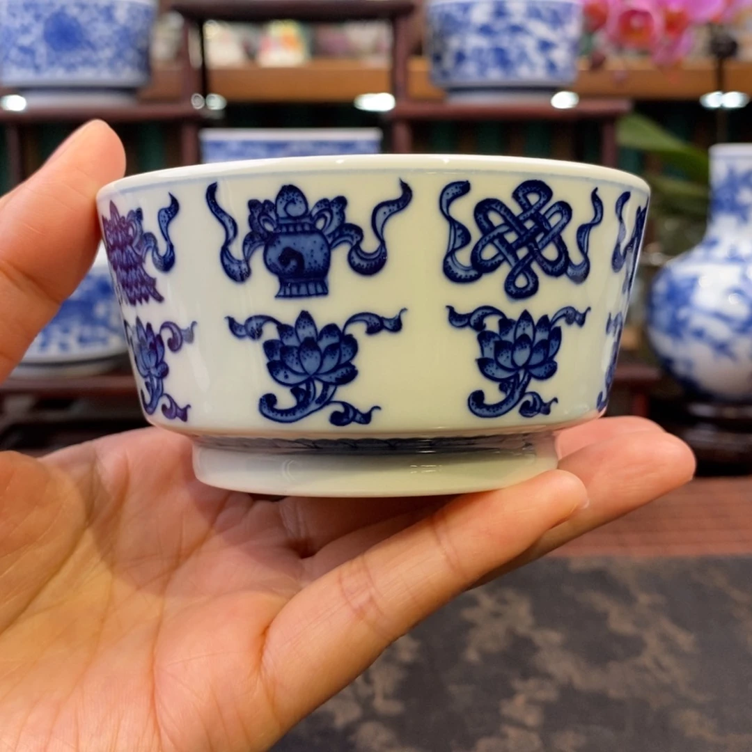 手工陶瓷柴窑重工莲托八宝直筒杯