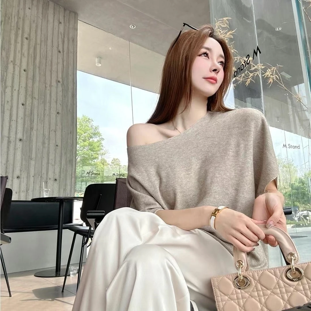 2025欧若风穿搭一字肩针织衫宽松上衣女夏季舒适感斜肩打底上衣