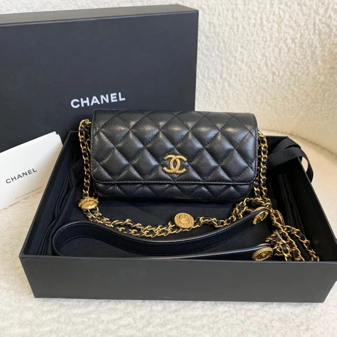 99新 Chanel/香奈儿 壹臻/22A黑金牛金币手机包 98509506