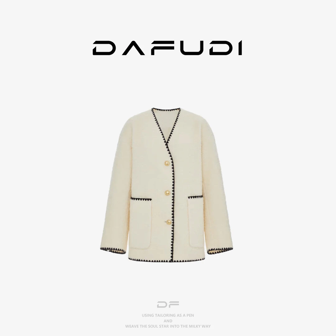 达芙笛外套含绵羊毛黑白撞边大V领宽松H型中长款长袖大衣Z0242