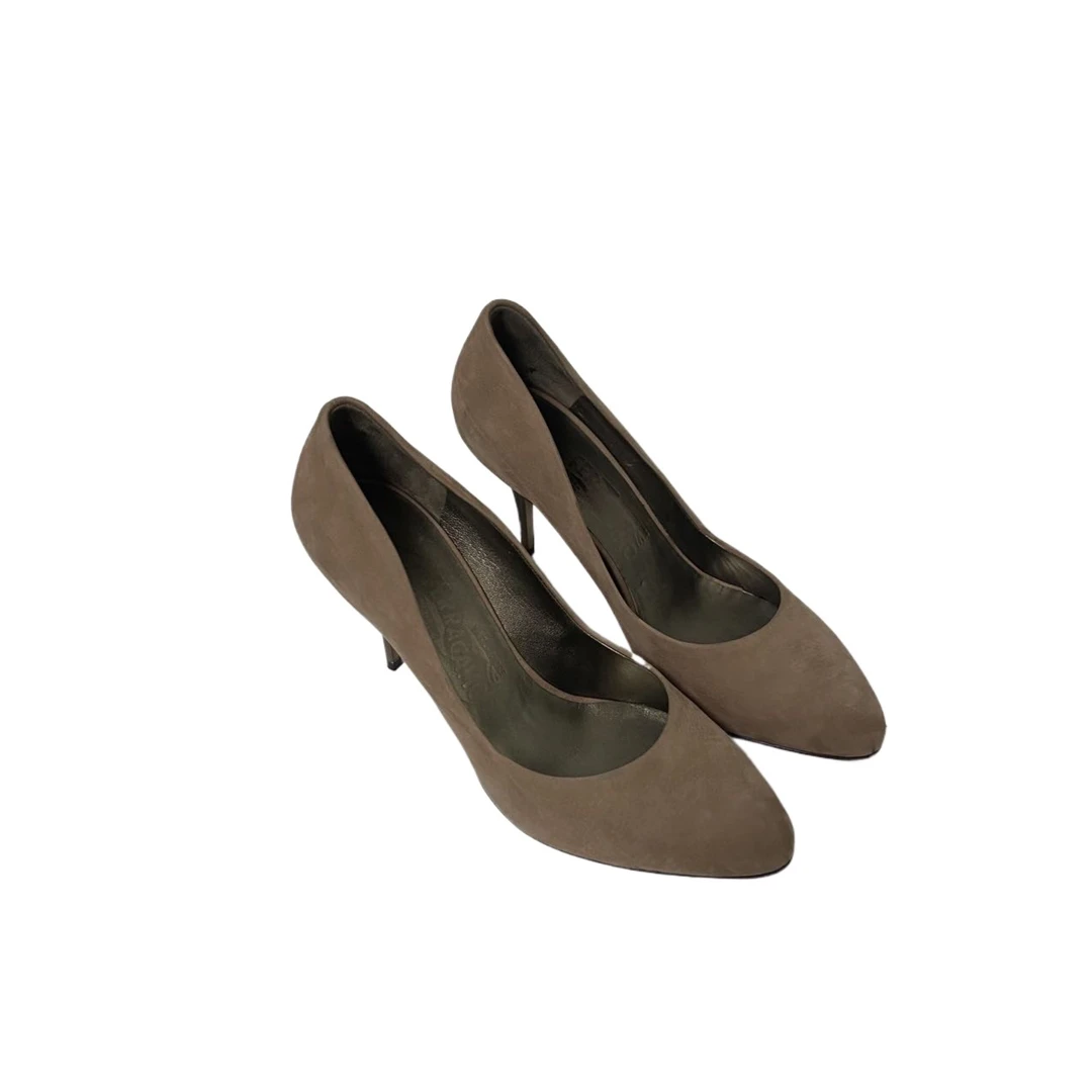 95新 FERRAGAMO/菲拉格慕 36.5码 FEREAGAMO褐色绒面高跟鞋re8601