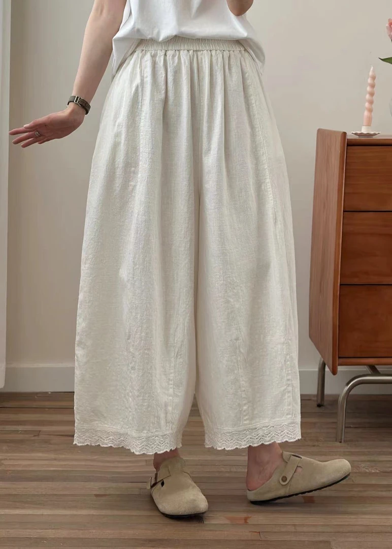 2025夏季新款简约时尚洋气纯亚麻花边长裤