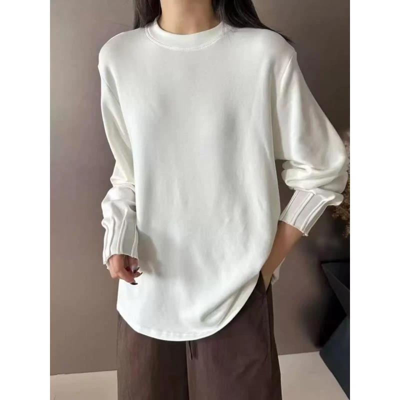 8311#冬季新款袖口褶皱大板型宽松中长款百搭软糯加厚T恤松紧袖