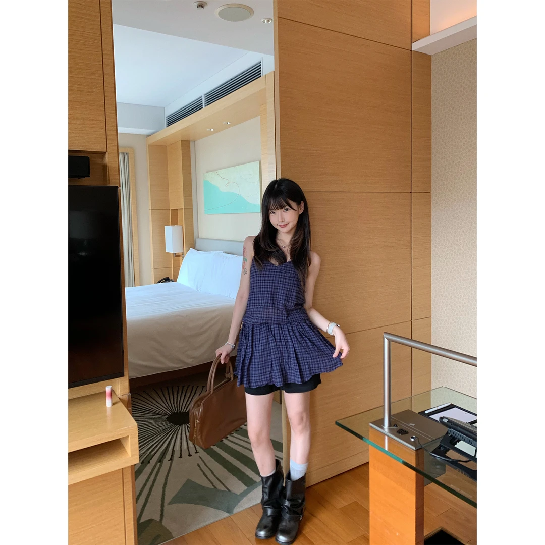 ANA 韩国设计师品牌 韩系夏日复古清爽格子叠穿小吊带连衣裙 屁帘