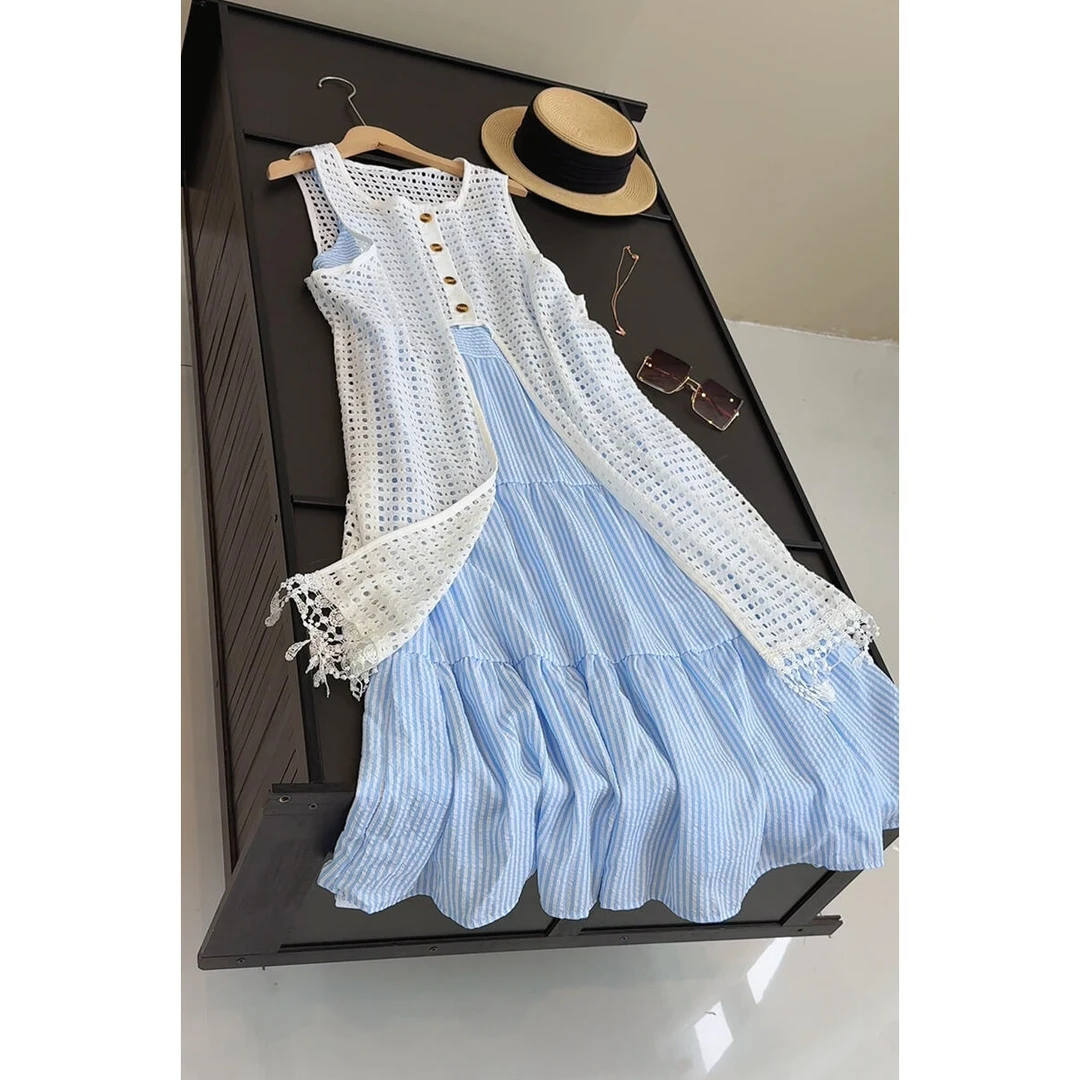 甜美蓝色条纹吊带裙套装2025夏季新款学院风罩衫连衣裙