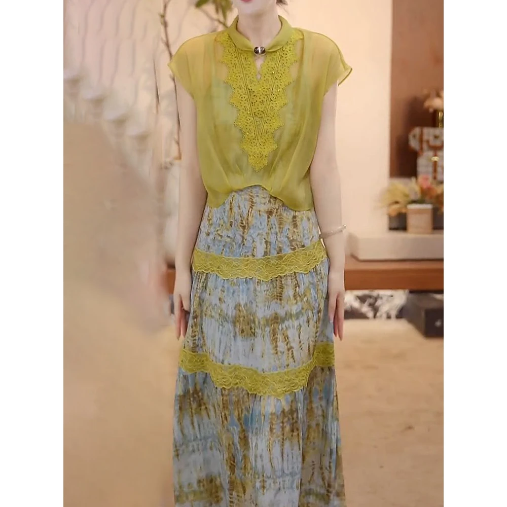 时尚洋气减龄裙套装2025夏季新款设计感薄款短袖罩衫+印花吊带裙