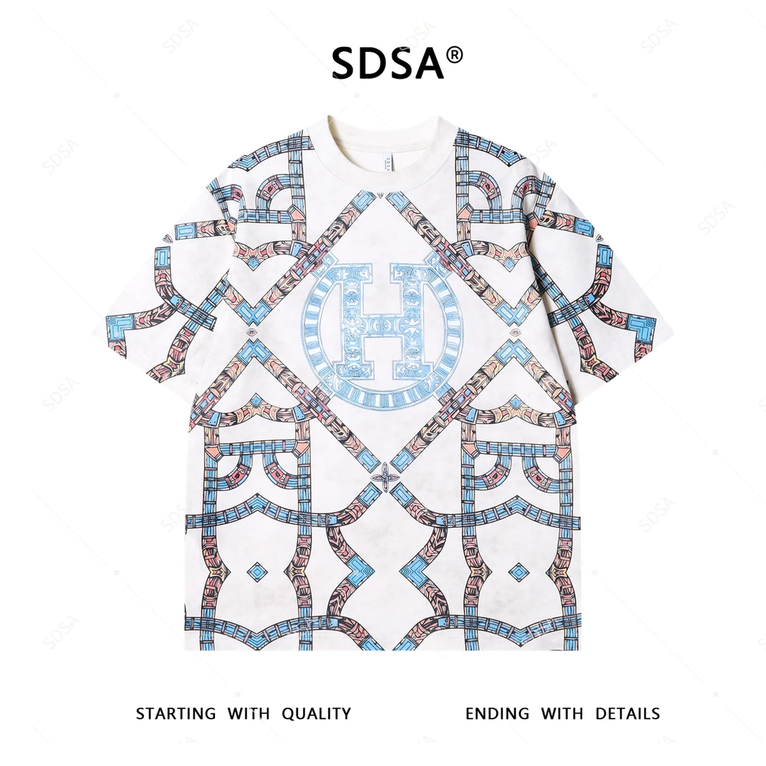 夏季高级感新款男士美式撞色字母设计印花短袖T恤满天星圆领上衣