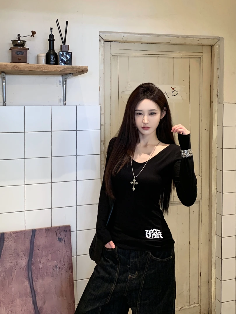 美式甜酷风印花修身长袖女秋季新款收腰打底衫内搭辣妹上衣女潮