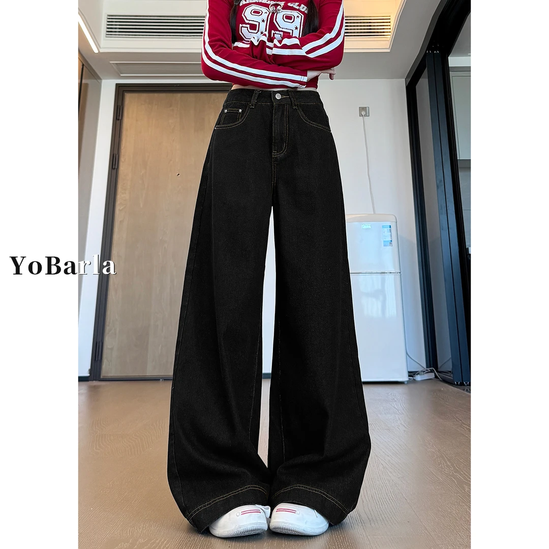 黑色直筒牛仔裤女秋季新款大码胖mm宽松高腰显瘦梨形身材阔腿裤子