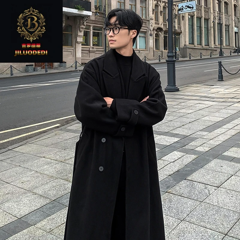 灰色毛呢大衣男休闲加厚呢子外套宽松男款韩版过膝风衣中长款黑色