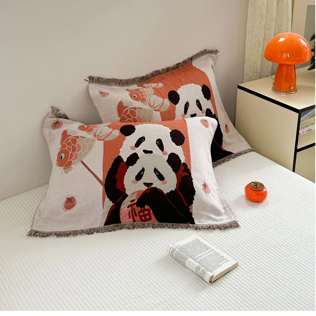 G622 纯棉流苏款八层纱布枕巾 熊猫有余52*78柔软亲肤吸汗透气
