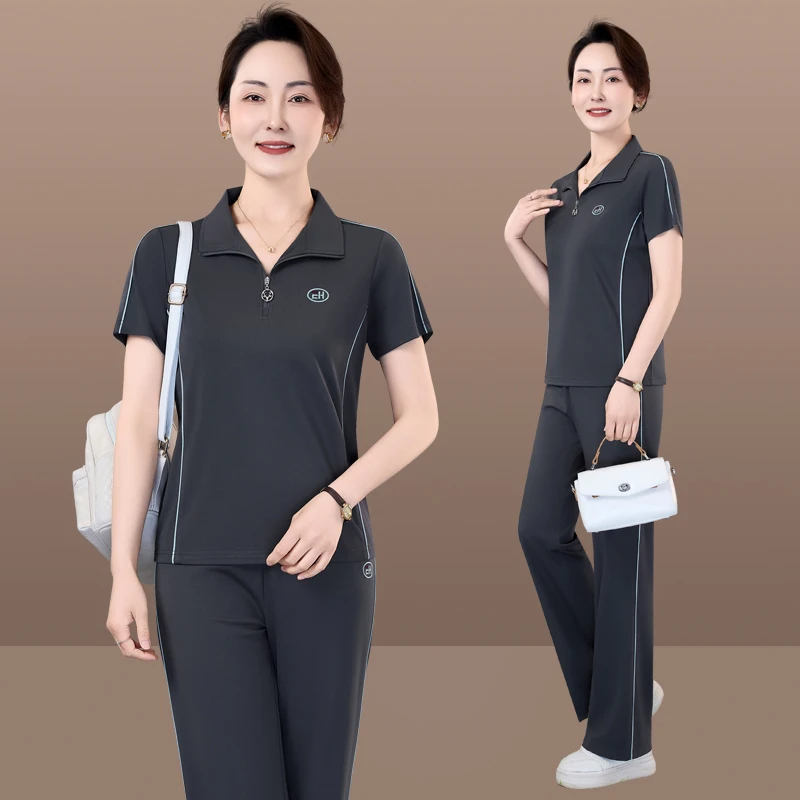 恩狐品牌半拉链短袖T恤女士2025夏季新款显瘦运动服套装两件套