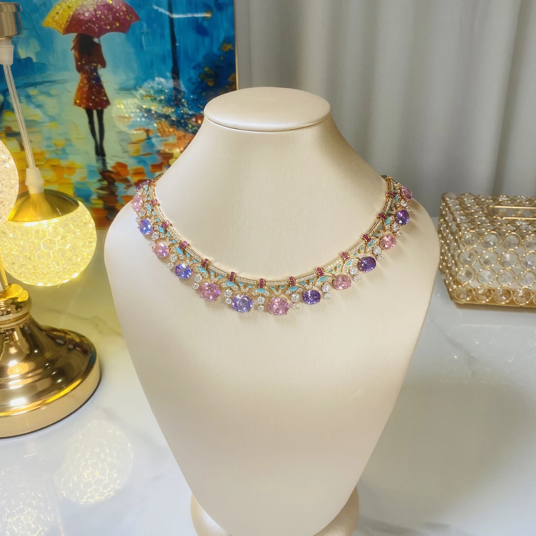 铜合金锆石项链 D002《炫彩花园》时尚气质粉紫椭圆设计款项链