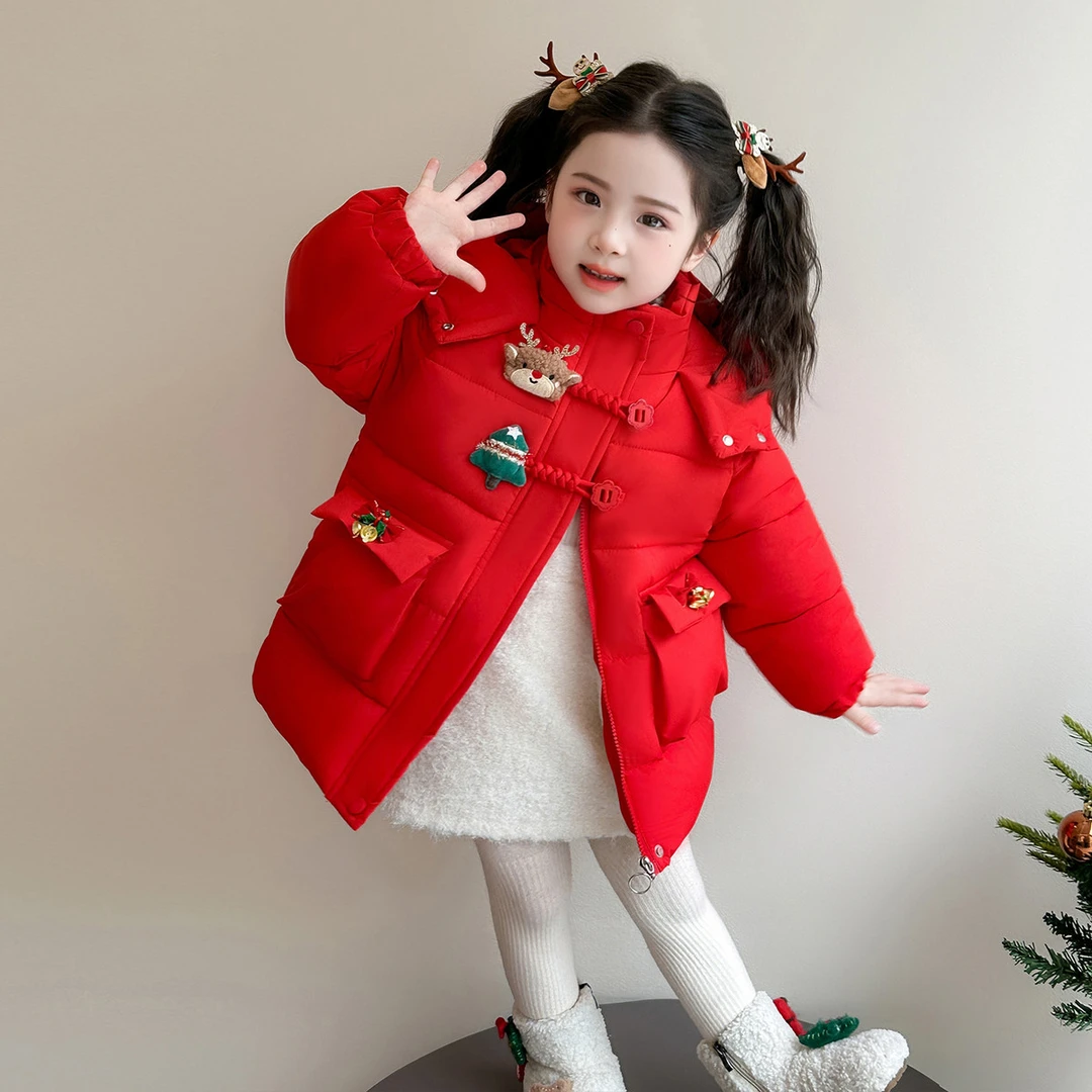 女童红色棉服冬装2025时髦中长款加绒加厚圣诞节儿童女宝冬季棉袄