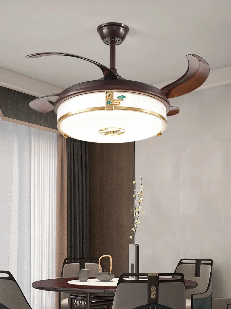 新中式高端2025新款餐厅卧室隐形风扇灯吊扇灯实木全铜中山灯具