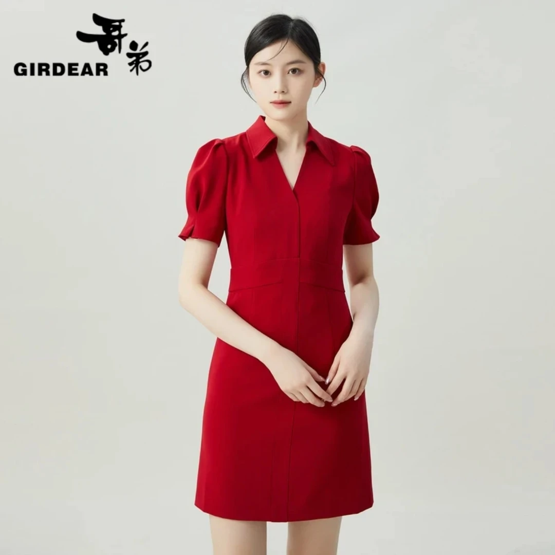 GIRDEAR/哥弟显瘦质感百搭气质V领泡泡袖纯色短款连衣裙女1500460