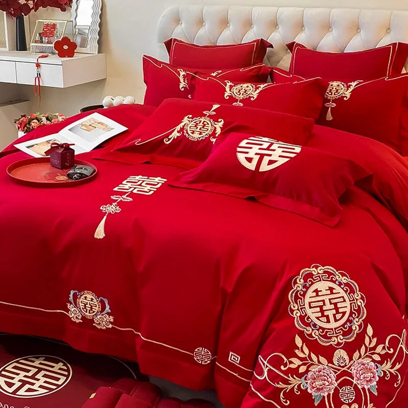 中式婚庆四件套陪嫁喜被红色刺绣婚房婚礼喜被套床单结婚床上用品
