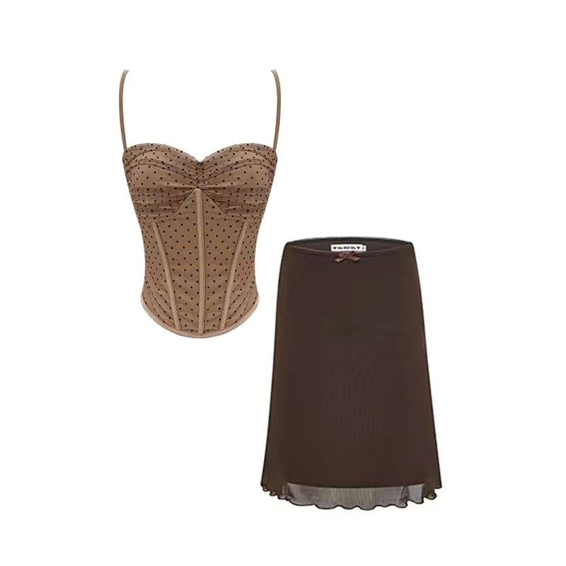 小香风名媛风时尚气质波点吊带背心女夏季高腰A字包臀裙子两件套