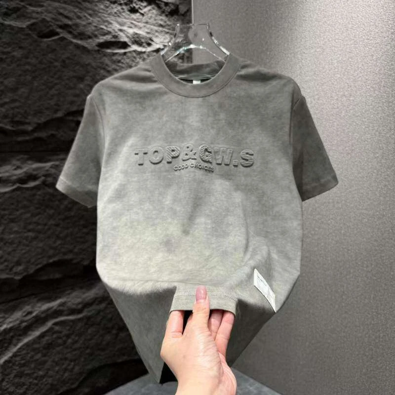 2025圆领男士短袖T恤夏季时尚钢印百搭上衣男装休闲半袖t恤打底衫