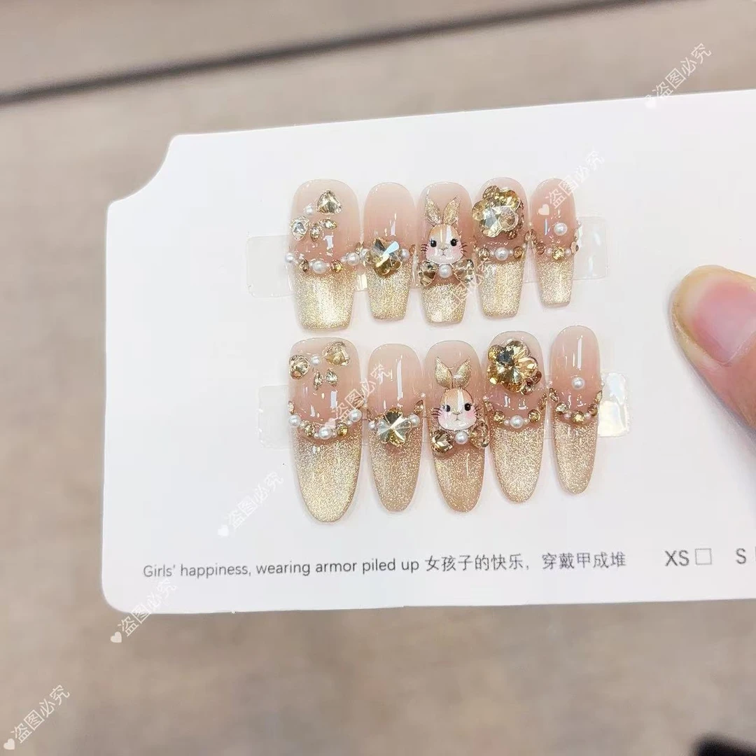 【香槟兔兔】纯手工穿戴甲爆款豹纹美甲显白气质法式猫眼款美甲