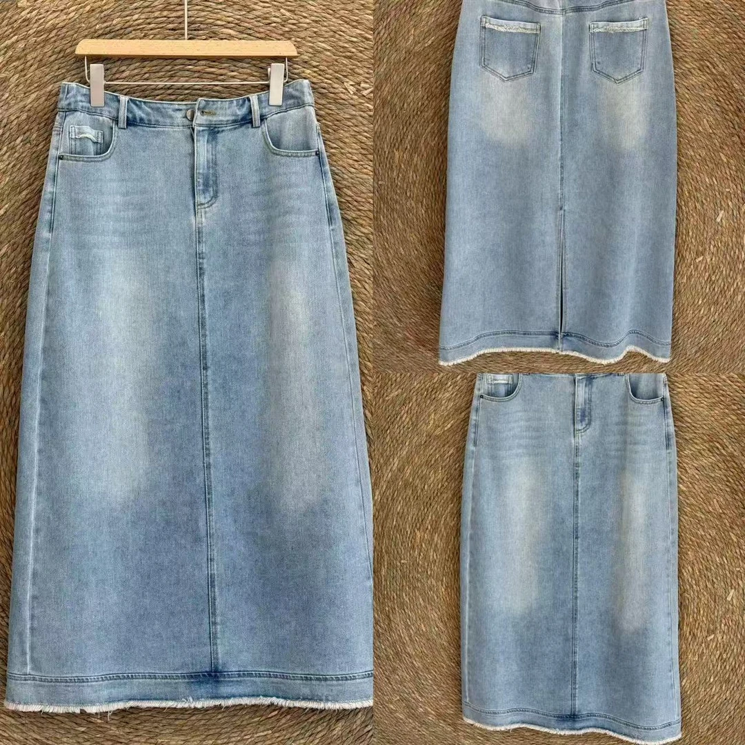 28006蓝色复古开叉牛仔半身裙微胖mm大码高腰显瘦a字中长款直筒裙
