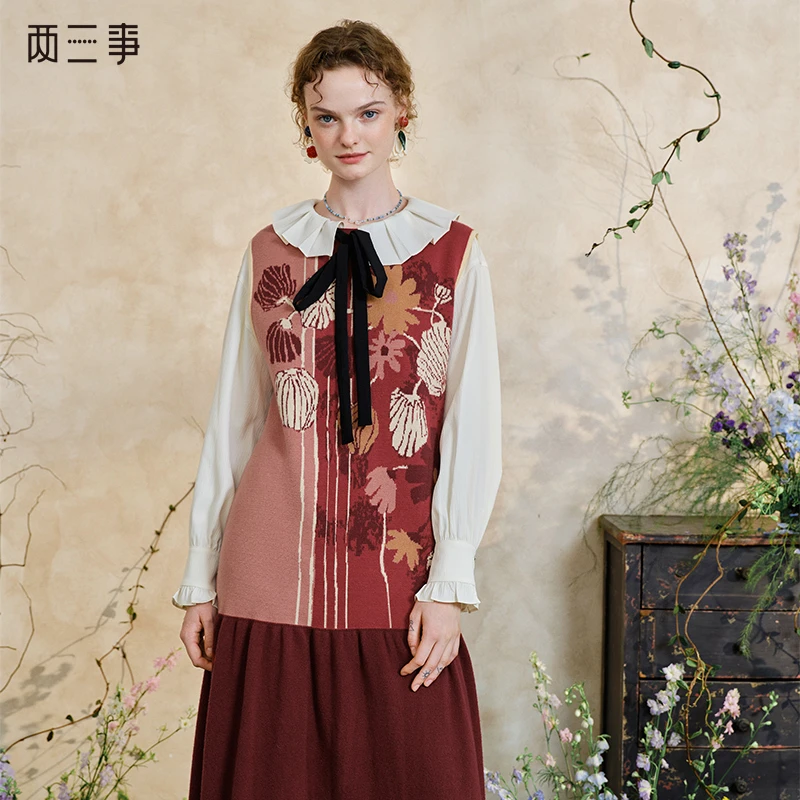 两三事彼岸春诗花卉图案毛衣连衣裙S25CLY215