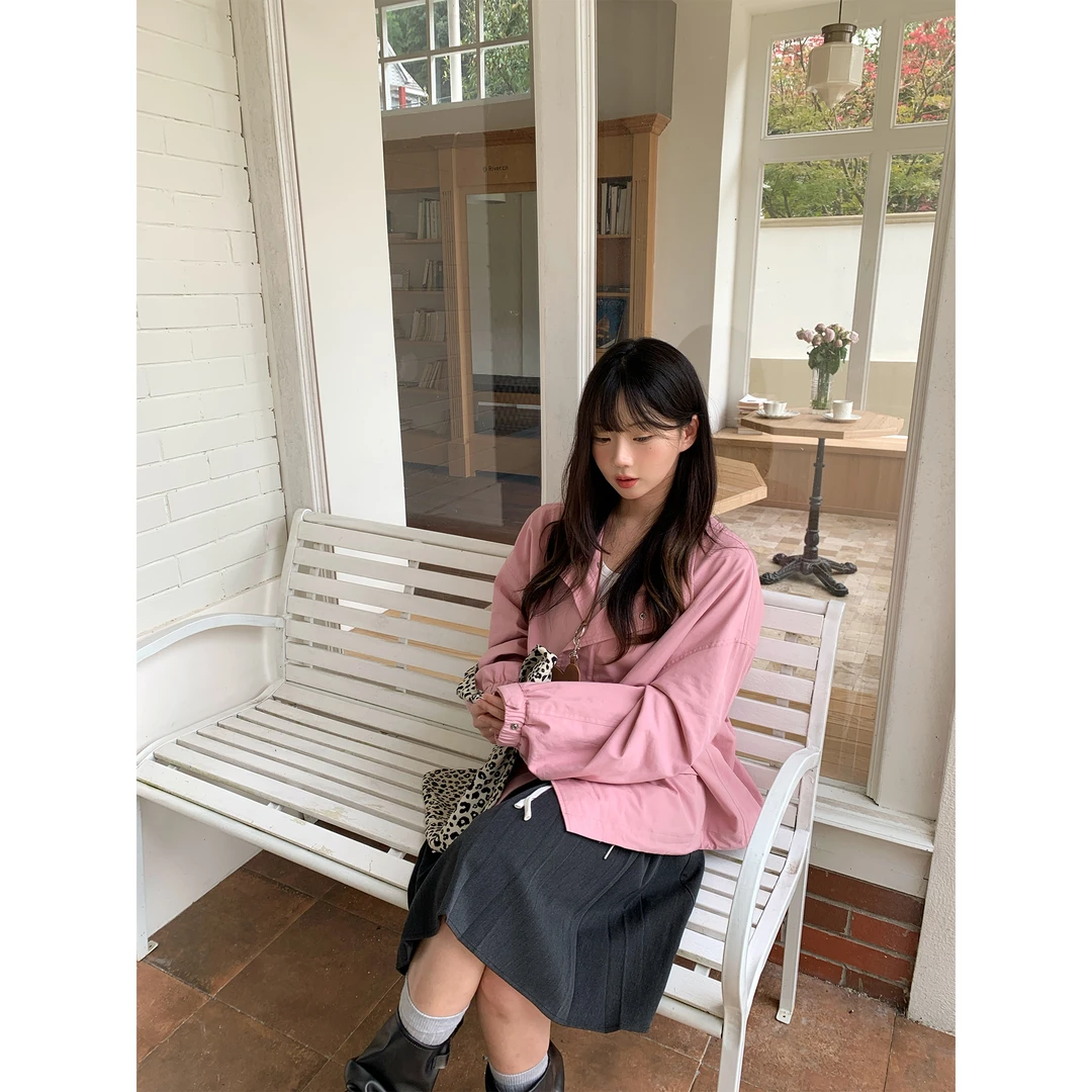 ANA 韩国设计师品牌 秋冬藕粉宽松休闲风衣机车长袖夹克