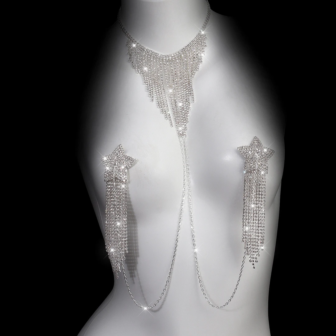 欧美饰品奢华五角星水钻乳链胸饰百搭性感闪亮挂脖流苏项链身体链