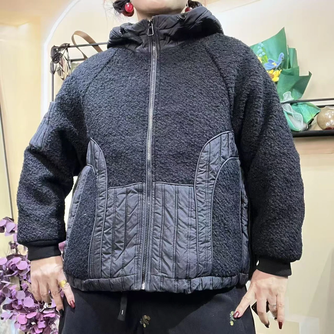 时尚站（B3）女士时尚拼接颗粒绒上衣带帽女连帽短外套24831