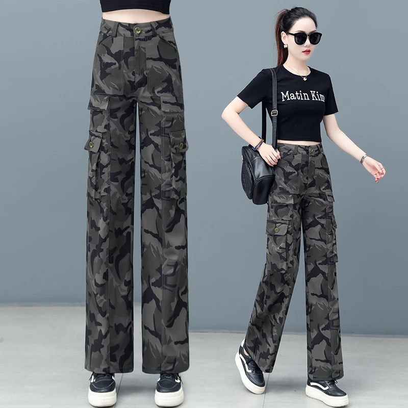 爆款2025年工装多口袋迷彩裤修身窄版美式工装裤女直筒嘻哈登山裤